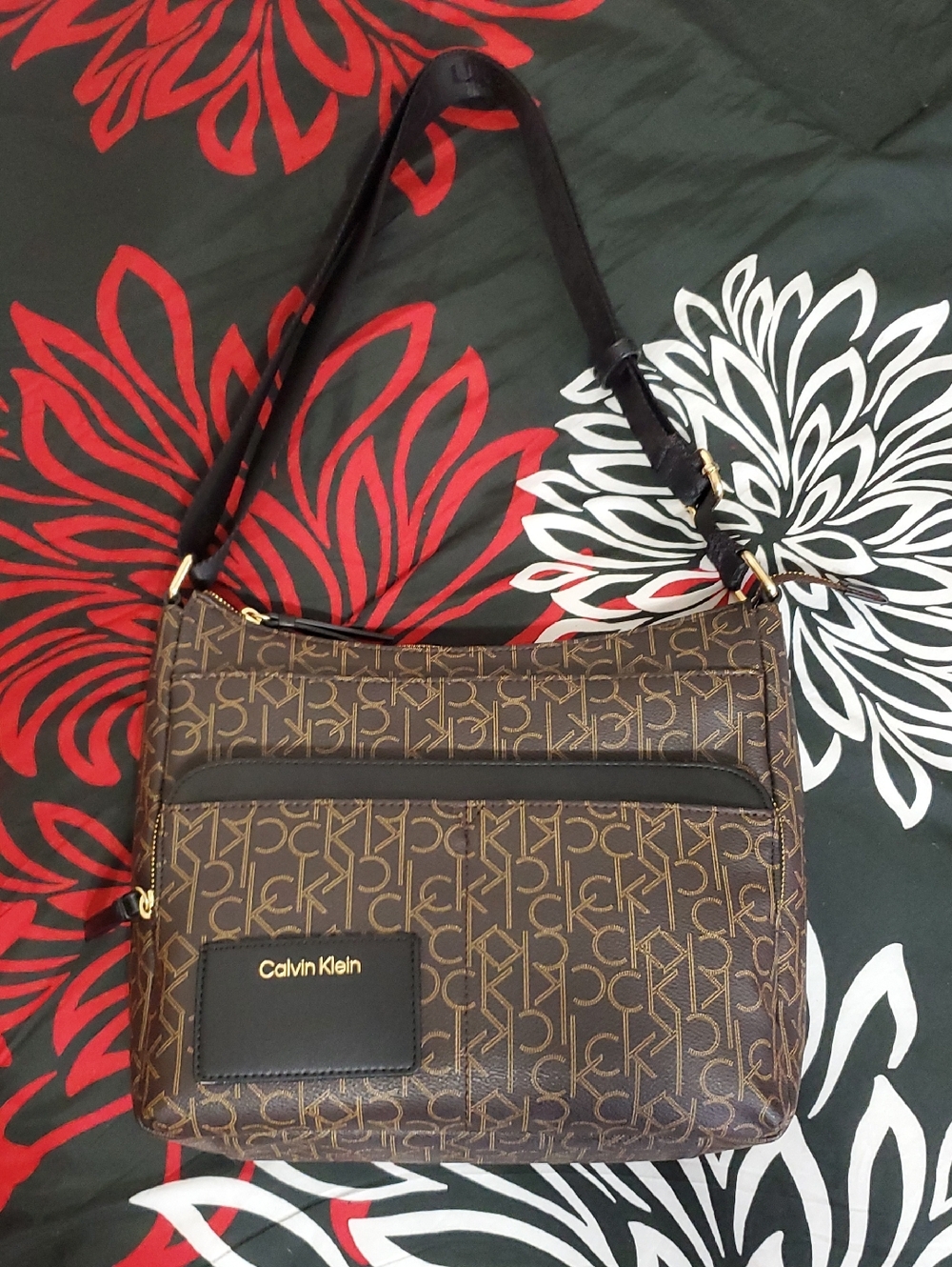 Calvin Klein Lorelai Black and Brown Monogram Messenger Crossbody Bag